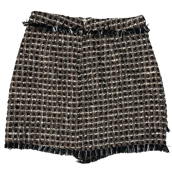 Blank NYC Miniskirt 27 Plaid Tweed Fringe Faux Wrap Clueless Black Brown NWT - Picture 8 of 11